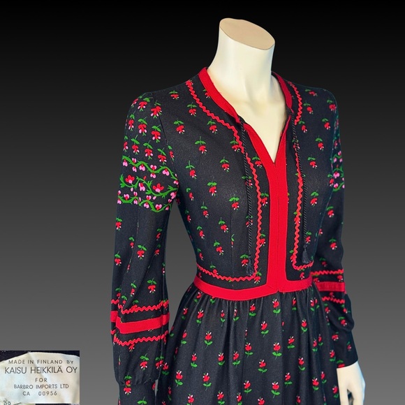 Vintage 1970s Bohemian Black Prairie Folk Dress with Red Trim / S - Picture 3 of 10